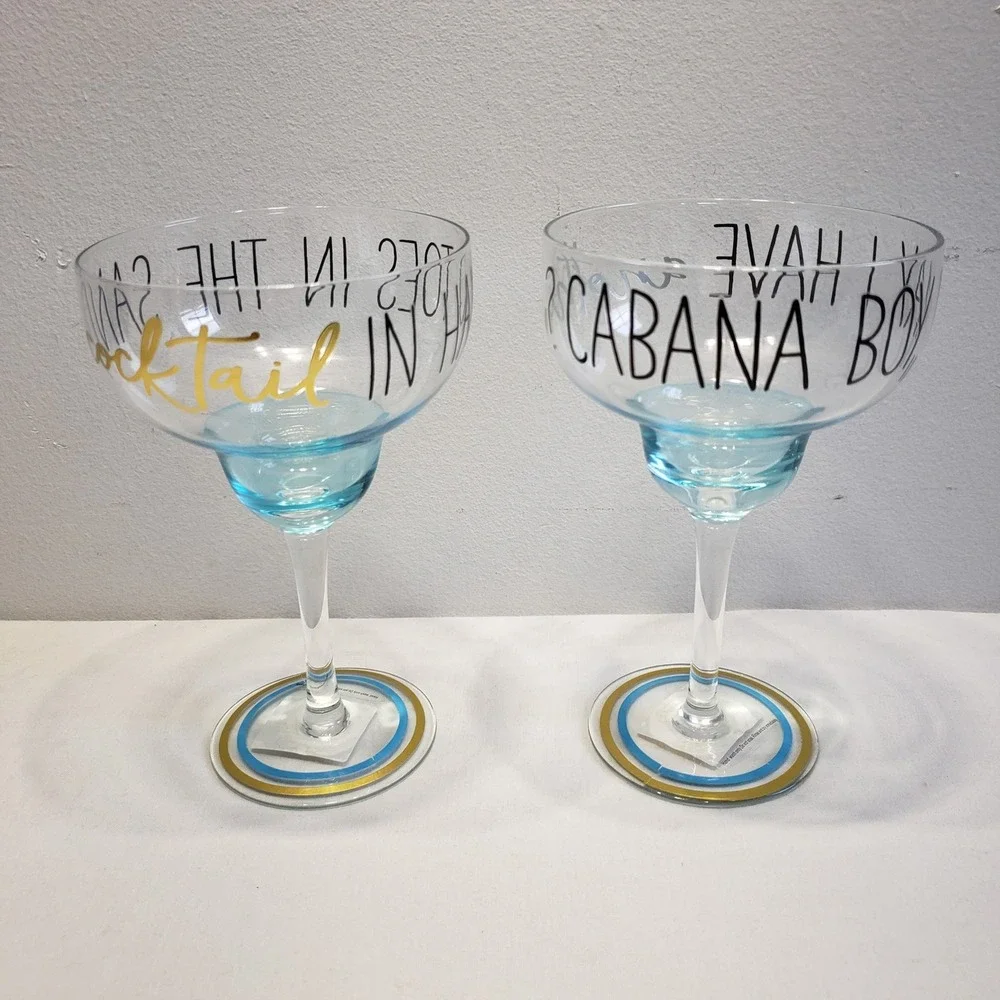 Mud Pie Margarita Glass Set Blue Gold Toes In Sand Cabana Boy